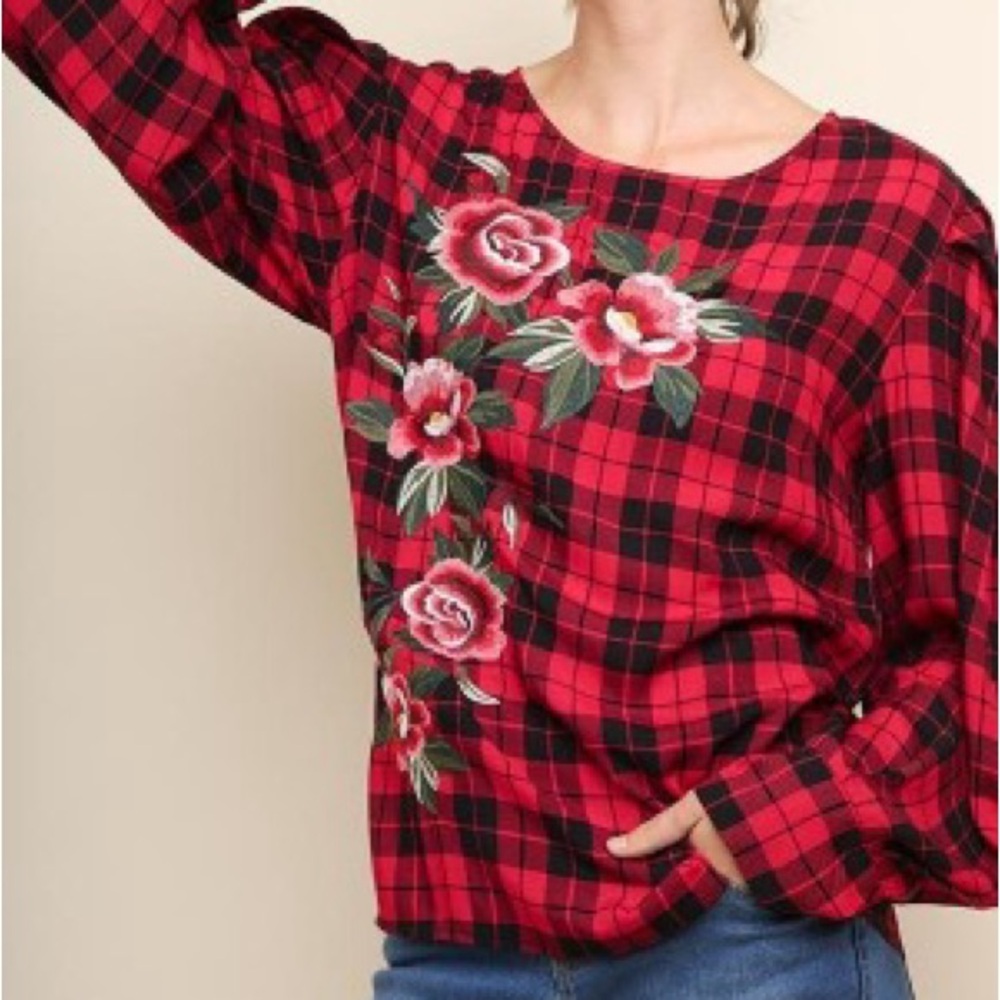 Umgee Buffalo Plaid with Embroidered Floral Blouse